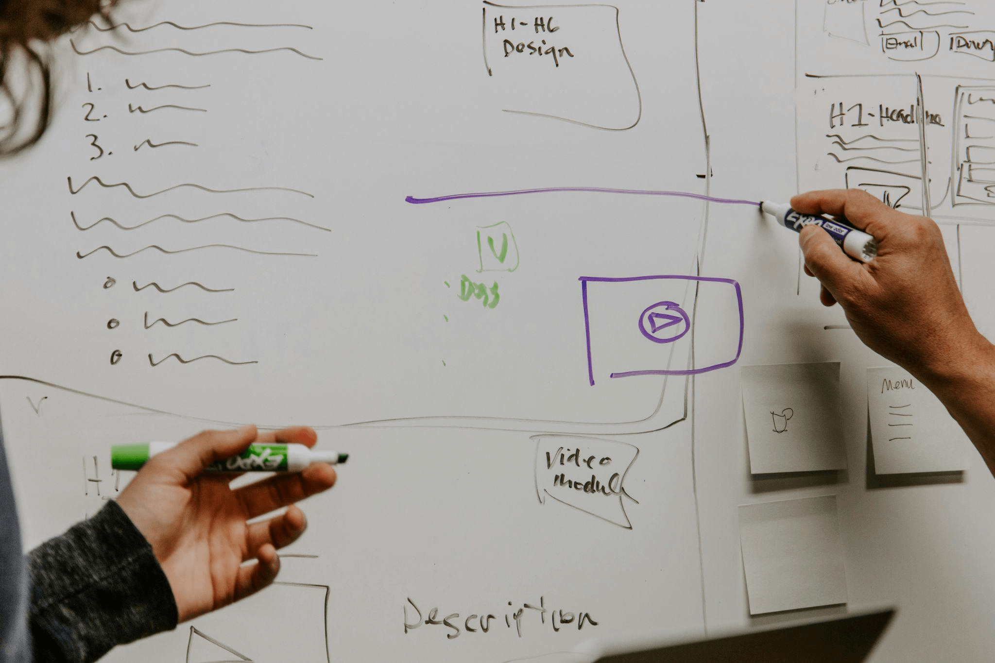 Two people collaborating at a whiteboard with colorful diagrams, symbolizing the planning process for a paid social media campaign.