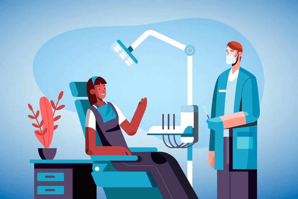 Flat-style illustration of a dental care scene featuring a dentist, patient, and dental tools—perfect for demonstrating safety and patient education in dental practice marketing.