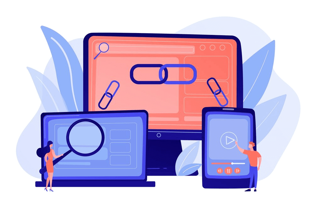 Vector illustration of people analyzing links across multiple devices, symbolizing the concept of e-commerce link building to enhance website authority, search engine rankings, and online visibility.