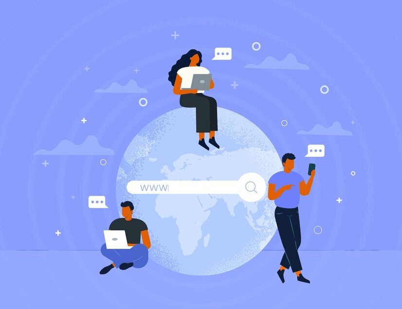 Flat design illustration of people building digital links across various devices, symbolizing global connectivity and collaboration, ideal for conveying the concept of e-commerce link building.