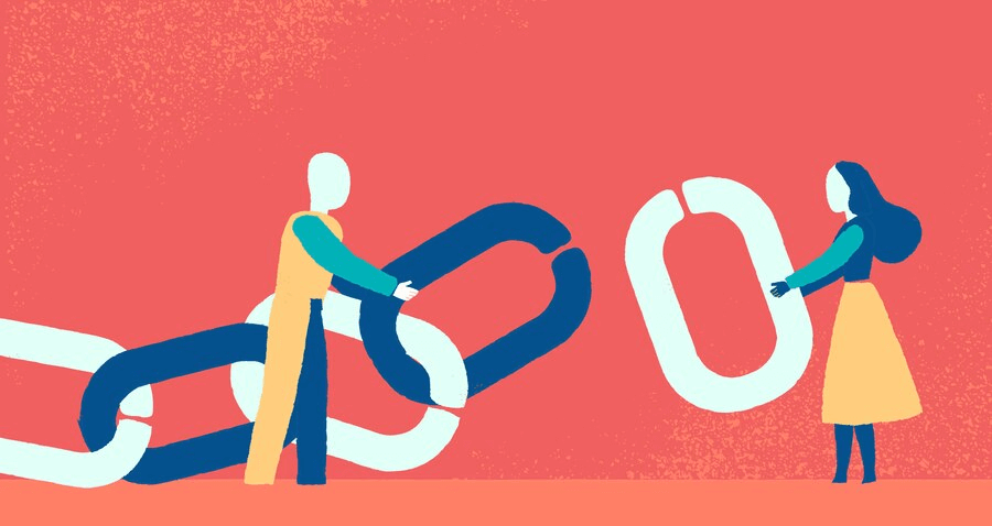 Illustration of two people connecting oversized chain links, representing collaboration and connection in e-commerce link building to strengthen online presence and boost SEO strategies.