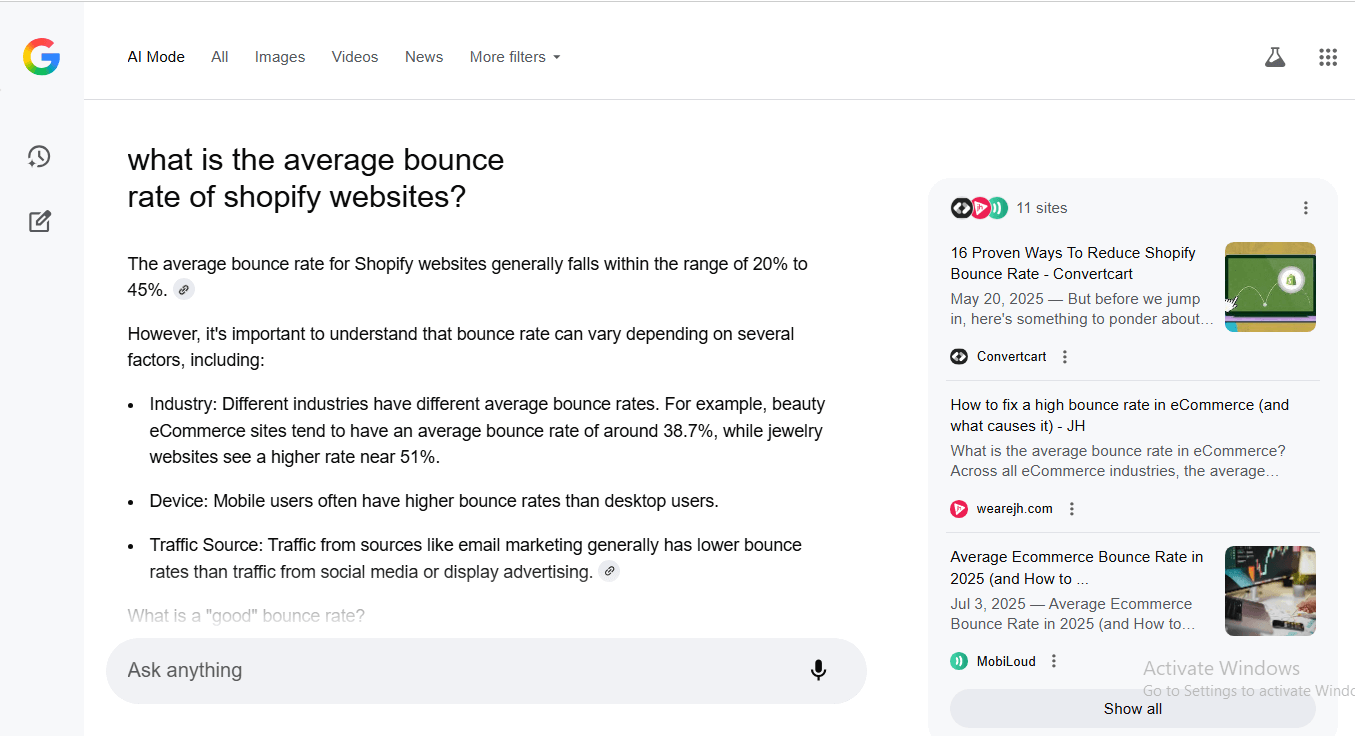 Google AI Mode responds to the search query in a conversational UI as opposed to displaying SERPs.