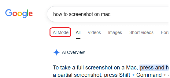 Google Search showing a new tab of AI Mode when showing results.