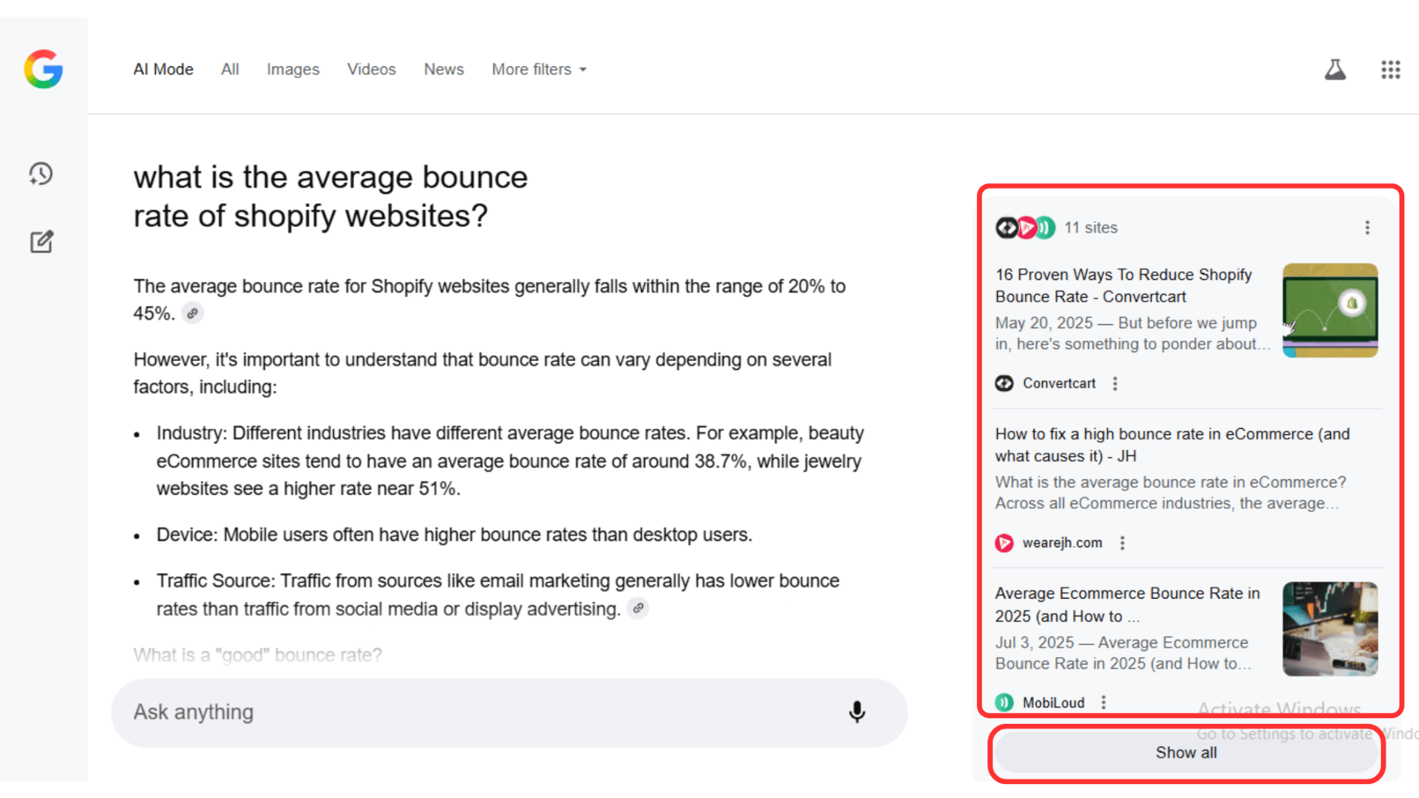 Screenshot of AI Mode result with citations and “Show all” button highlighted in red