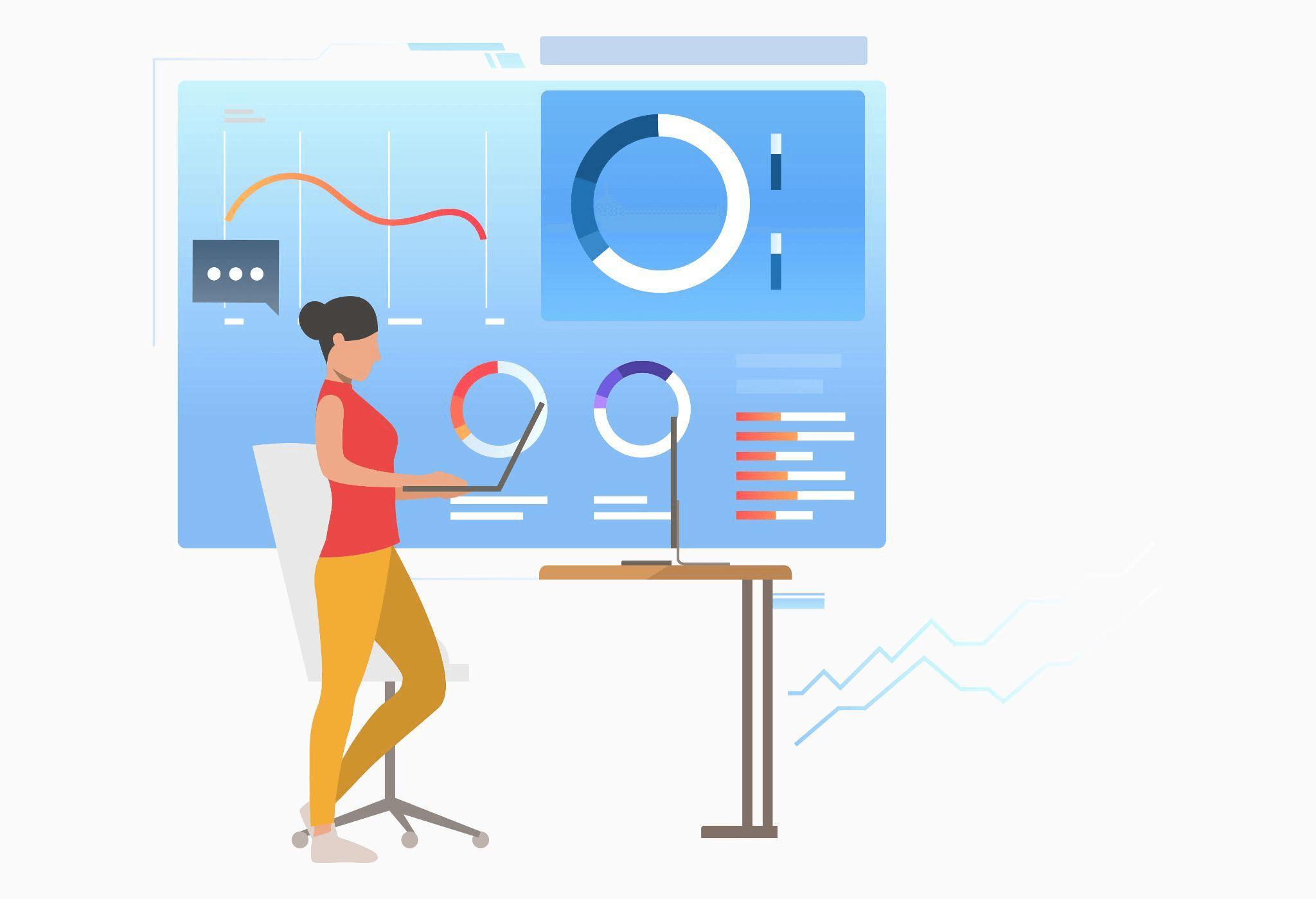 Illustration of a businesswoman analyzing charts and data, representing tools used for keyword research to optimize SEO and online strategies.