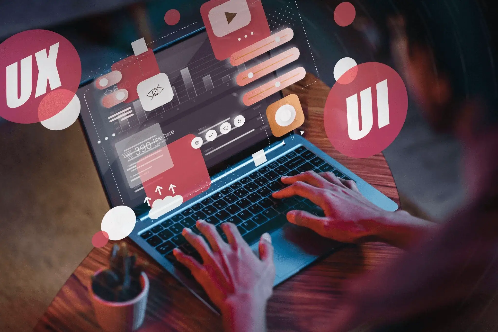 A laptop showing user interface design surrounded by UI/UX sketches, symbolizing landing page optimization strategies.