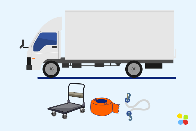 Box truck with essential moving tools below—dolly, ratchet strap, and bungee cord for safe transport