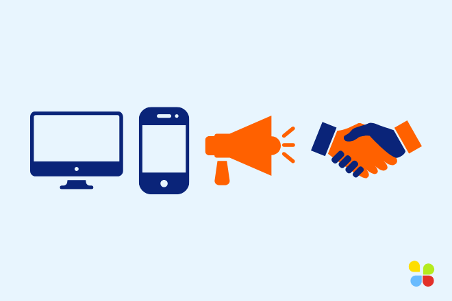 Marketing icons for website, mobile, advertising, and networking including a computer, smartphone, megaphone, and handshake