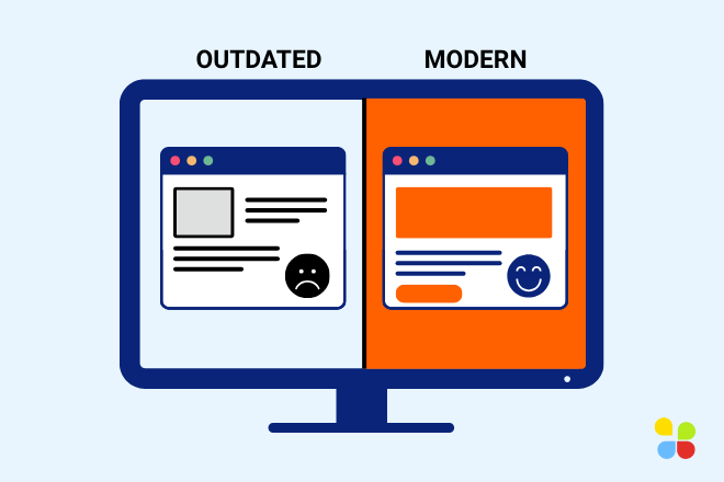 Side-by-side comparison of an outdated website design with a sad face icon and a modern website design with a smiley face icon, both displayed on a computer monitor.