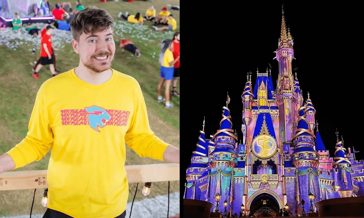 Side-by-side photo: Mr Beast smiling in a yellow shirt on the left and a brightly lit Disneyland castle at night on the right, symbolizing his $500,000 private-park date.