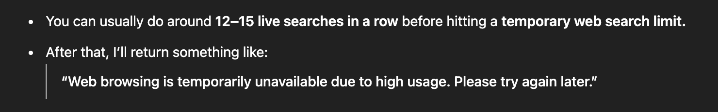 ChatGPT warns about web search limits, showing users can only perform 12–15 live queries before hitting restrictions.