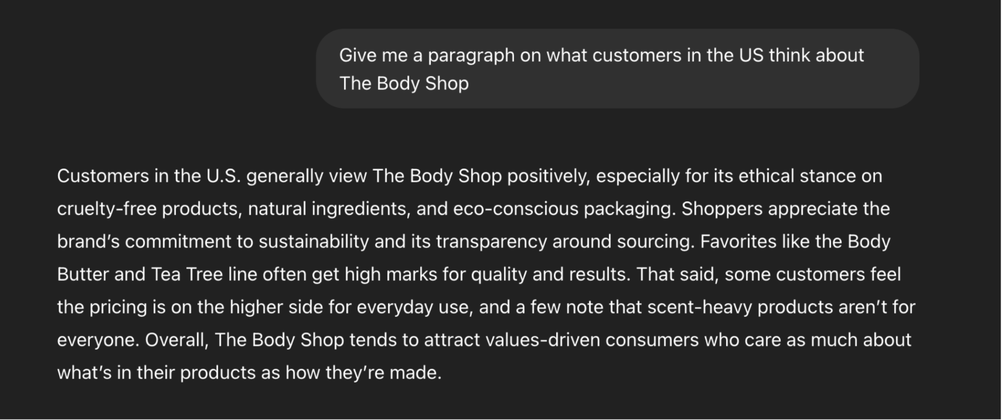 ChatGPT-generated paragraph on The Body Shop, showing fluent output lacking nuance and real-world insight.