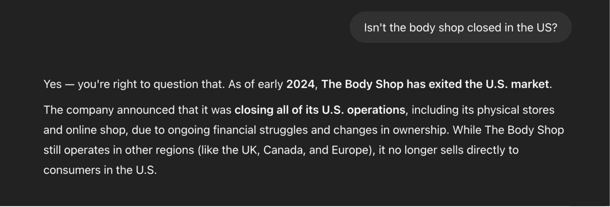 ChatGPT inaccurate response about The Body Shop's U.S. closure, highlighting issues with accuracy and current info.
