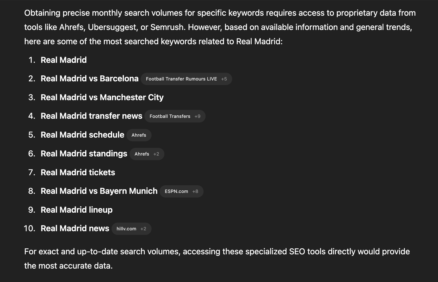 List of Real Madrid keywords showing ChatGPT's limited ability to access or integrate current high-volume search terms.