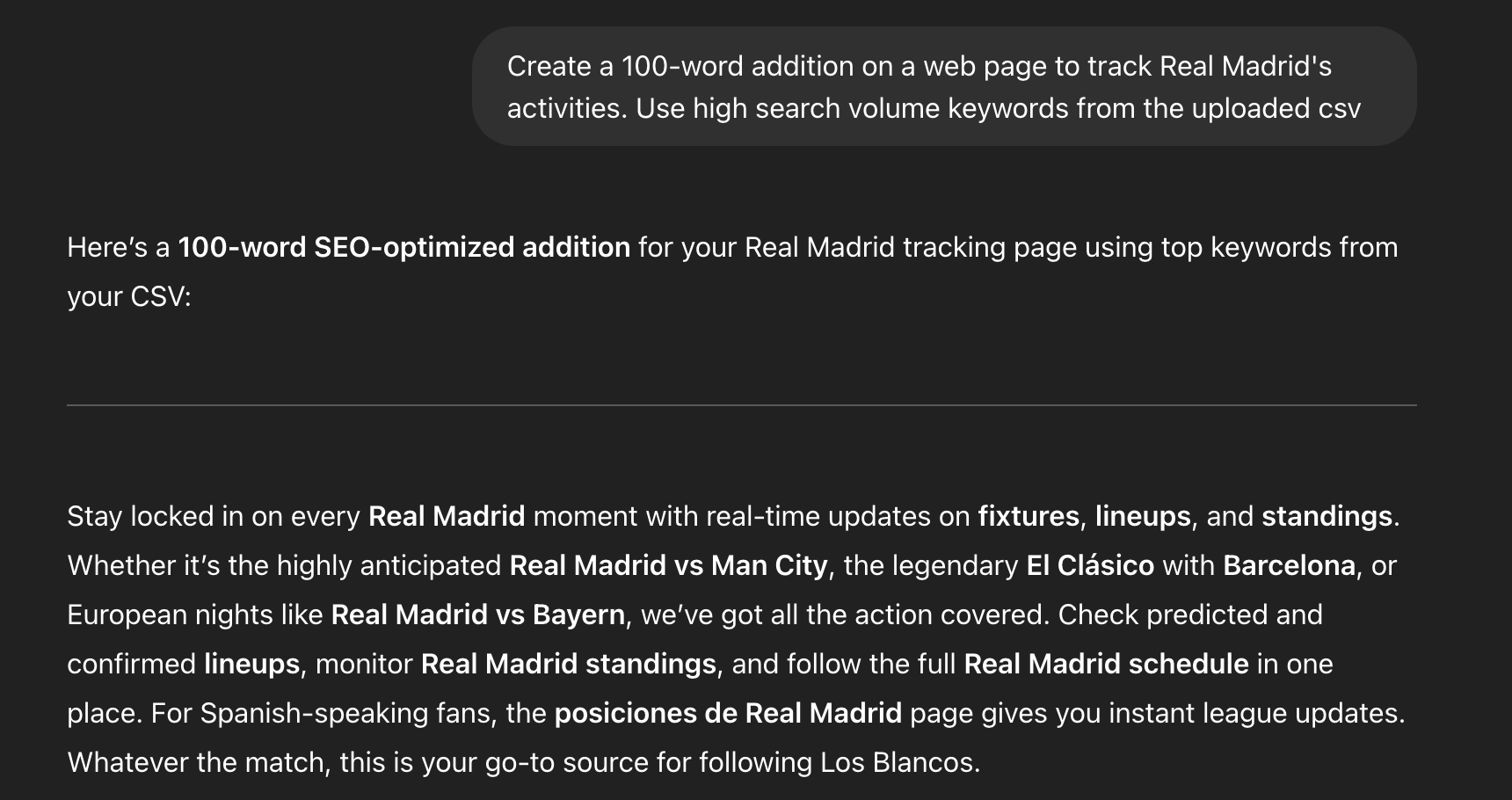 Example of ChatGPT using SEO keywords in Real Madrid content, but missing key terms despite provided data.