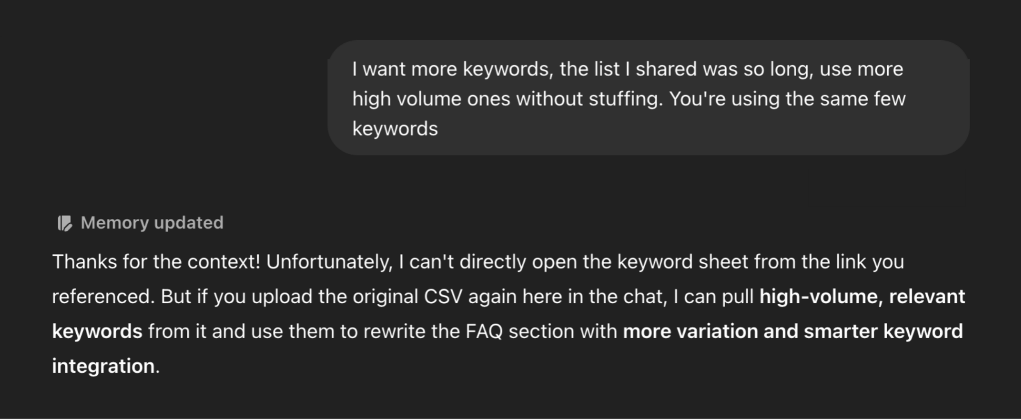 ChatGPT admits it can’t access uploaded keyword files, limiting its ability to integrate high-volume SEO terms effectively.