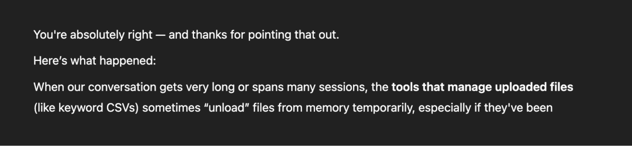 ChatGPT explains keyword files may be lost in long chats, showing limits in memory for SEO content creation.