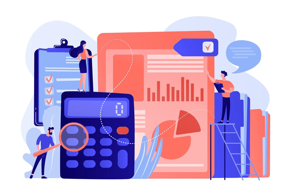 Illustration of tiny people examining financial reports with magnifying glasses, representing audit and analysis of SEO mistakes and performance. 