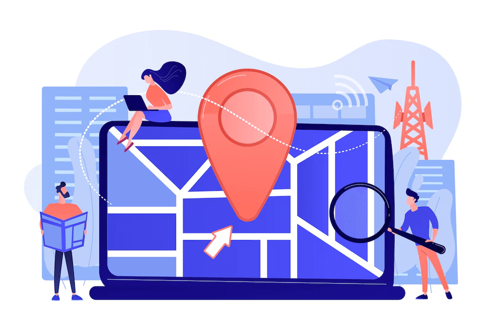 Illustration of a smartphone displaying a digital city map with geotag markers, representing local SEO and location-based search optimization, and avoiding SEO mistakes.