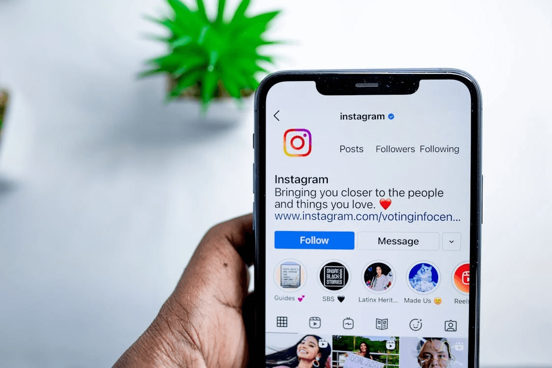A person holding a smartphone showing the official Instagram profile page with bio, highlights, and posts visible, suggesting ways to engage and get followers on Instagram. A green plant is blurred in the background.