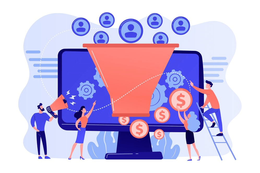 Illustration of digital marketing strategy for organic lead generation and increasing conversion rates through content and audience engagement.